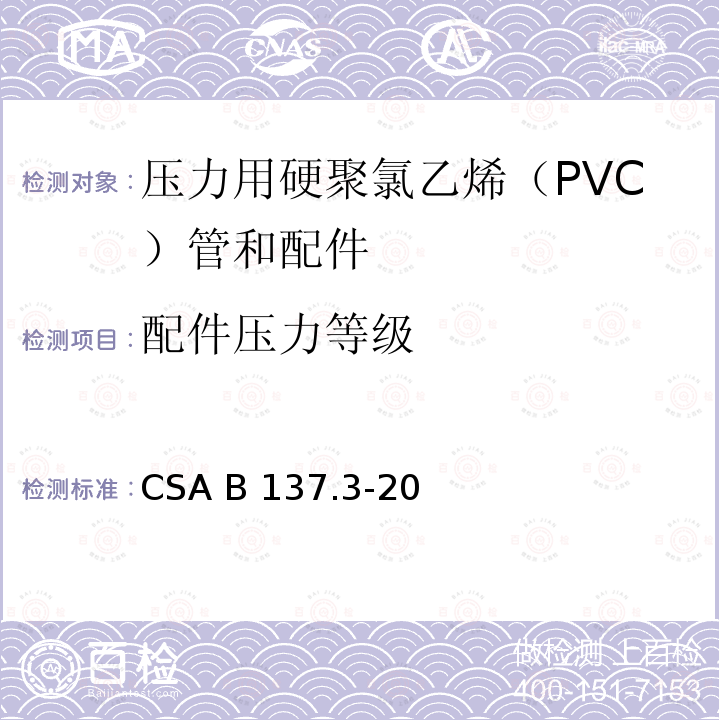 配件压力等级 CSA B137.3-20 压力用硬聚氯乙烯（PVC）管和配件 