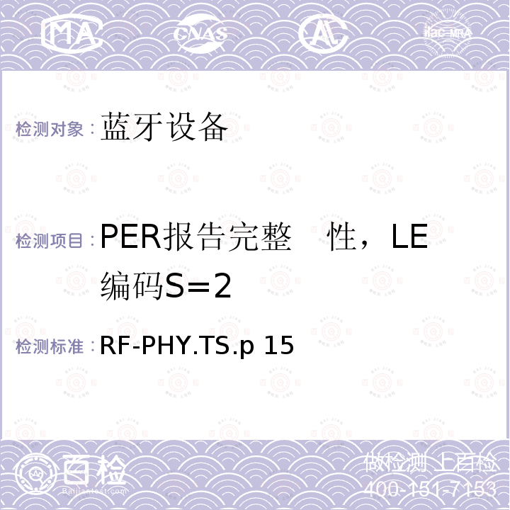 PER报告完整　性，LE编码S=2 RF-PHY.TS.p 15 射频物理层 RF-PHY.TS.p15