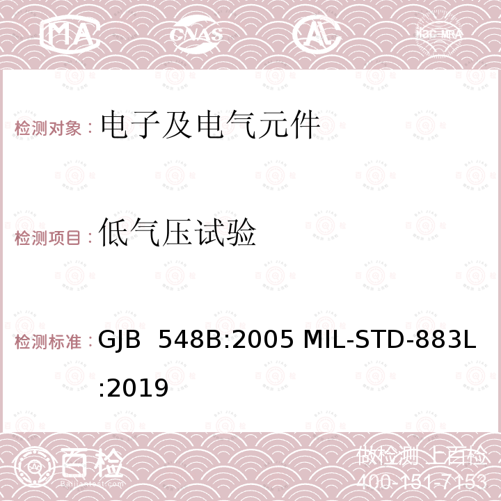 低气压试验 GJB 548B:2005 微电子器件试验方法和程序  MIL-STD-883L:2019