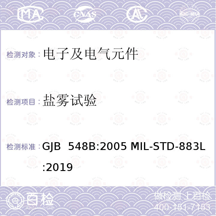盐雾试验 GJB 548B:2005 微电子器件试验方法和程序  MIL-STD-883L:2019