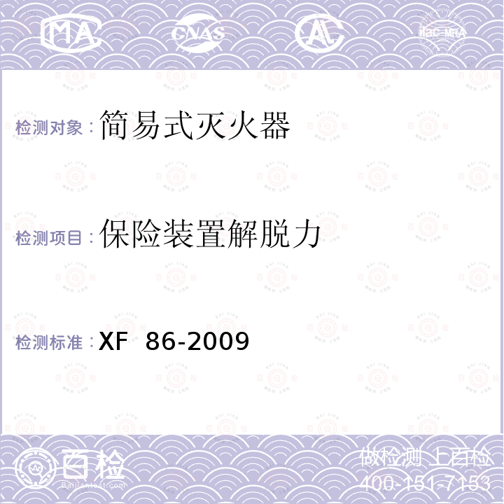 保险装置解脱力 XF 86-2009 简易式灭火器