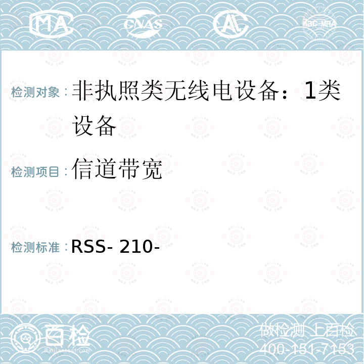 信道带宽 RSS- 210- 非执照类无线电设备：1类设备 RSS-210-第10版-2019年12月修订1-2020年4月