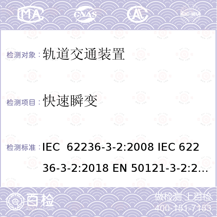 快速瞬变 轨道交通  电磁兼容  第3-2部分：机车车辆  装置 IEC 62236-3-2:2008 IEC 62236-3-2:2018 EN 50121-3-2:2016 EN 50121-3-2:2016+A1:2019