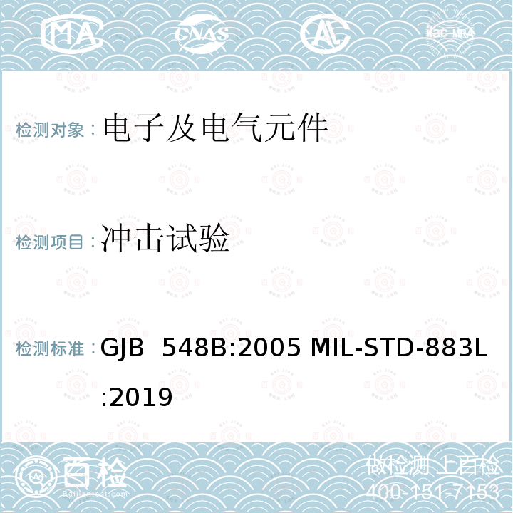 冲击试验 GJB 548B:2005 微电子器件试验方法和程序  MIL-STD-883L:2019