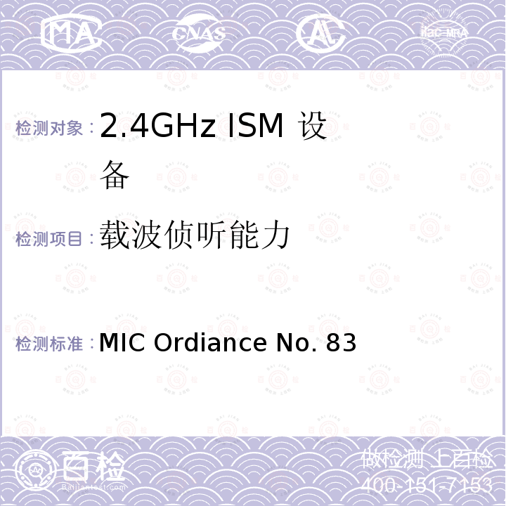 载波侦听能力 MIC Ordiance No. 83 日本MIC无线电设备管理条例第49.20条款 MIC Ordiance No.83