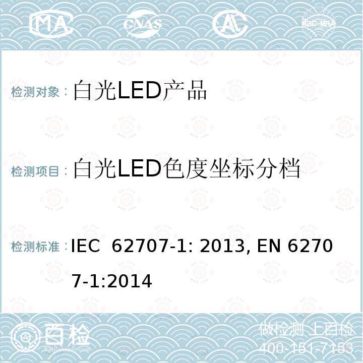 白光LED色度坐标分档 LED的分档  第一部分： 一般要求和白光分类 IEC 62707-1: 2013, EN 62707-1:2014