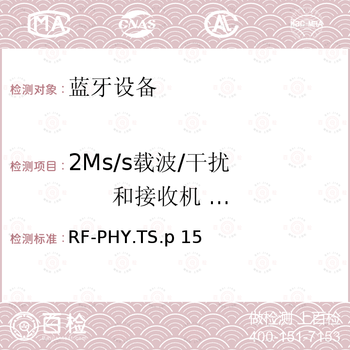 2Ms/s载波/干扰        和接收机            选择性性能,稳定调制系数 RF-PHY.TS.p 15 射频物理层 RF-PHY.TS.p15