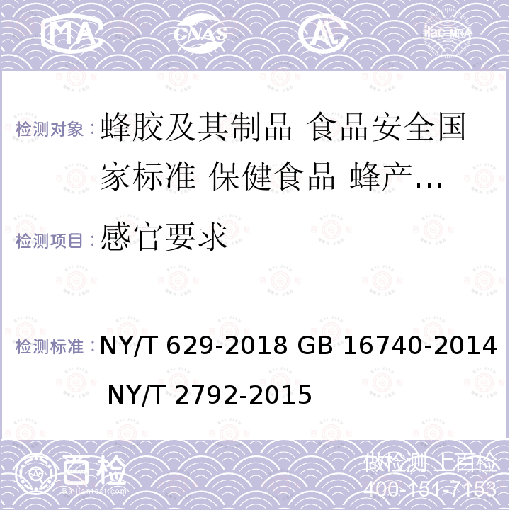 感官要求 NY/T 629-2018 蜂胶及其制品