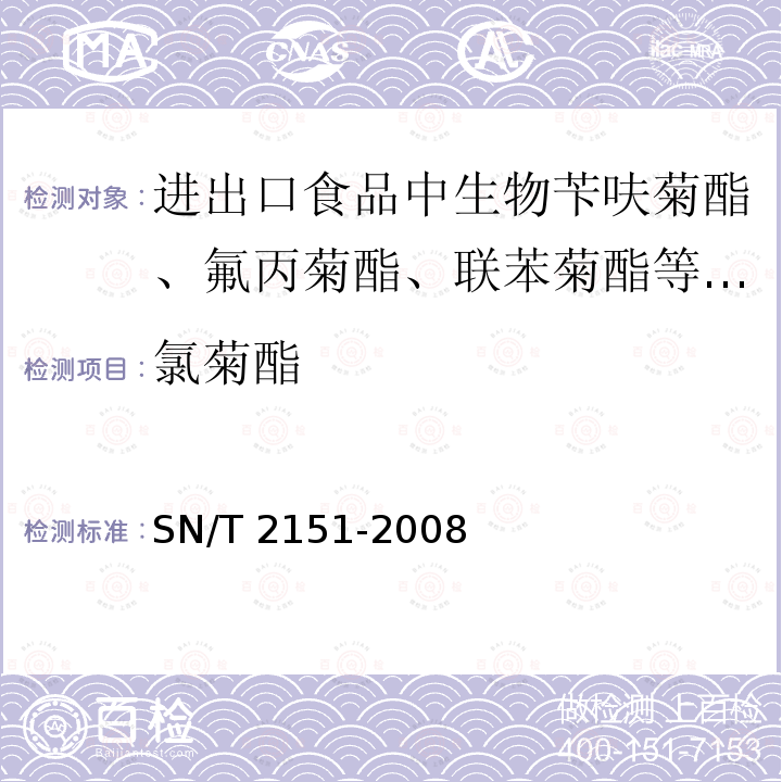 氯菊酯 SN/T 2151-2008 进出口食品中生物苄呋菊酯、氟丙菊酯、联苯菊脂等28种农药残留量的检测方法 气相色谱-质谱法(附英文版)