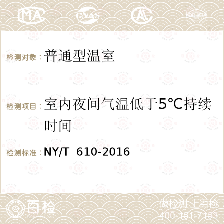 室内夜间气温低于5℃持续时间 NY/T 610-2016 日光温室 质量评价技术规范