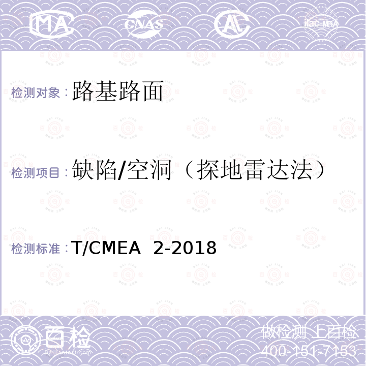 缺陷/空洞（探地雷达法） T/CMEA  2-2018 道路塌陷隐患雷达检测技术规范 T/CMEA 2-2018