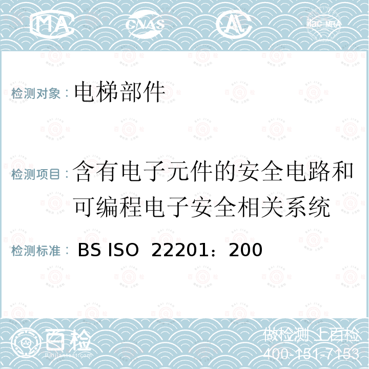 含有电子元件的安全电路和可编程电子安全相关系统 ISO 22201:2009 升降机(电梯)-电梯可编程电子安全相关系统的设计和开发(PESSRAL) BS ISO 22201：2009