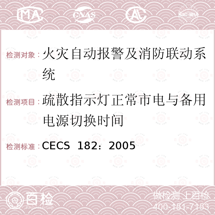 疏散指示灯正常市电与备用电源切换时间 CECS 182:2005 智能建筑工程检测规程 CECS 182：2005