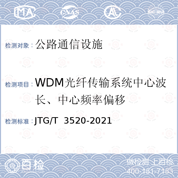 WDM光纤传输系统中心波长、中心频率偏移 JTG/T 3520-2021 公路机电工程测试规程