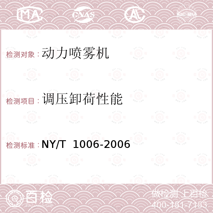 调压卸荷性能 NY/T 1006-2006 动力喷雾机质量评价技术规范