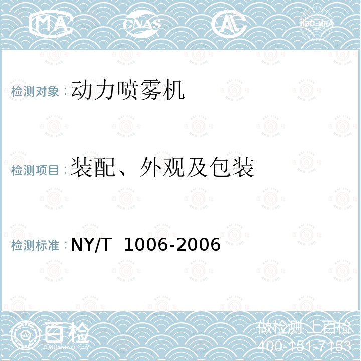 装配、外观及包装 NY/T 1006-2006 动力喷雾机质量评价技术规范