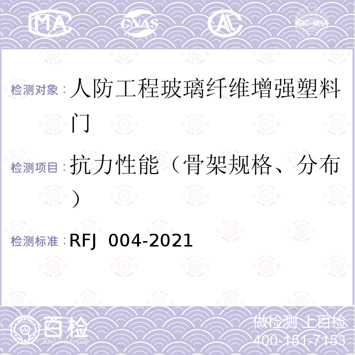 抗力性能（骨架规格、分布） 人民防空工程复合材料（玻璃纤维增强塑料）防护设备质量检测标准RFJ 004-2021