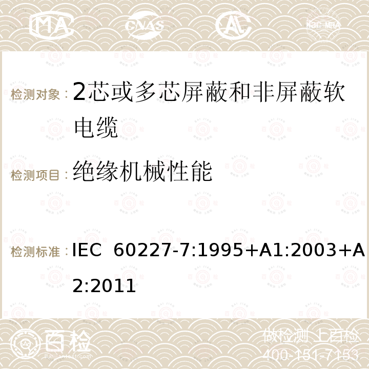 绝缘机械性能 IEC 60227-7-1995 额定电压450/750及以下聚氯乙烯绝缘电缆 第7部分:2芯或多芯屏蔽和非屏蔽软电缆