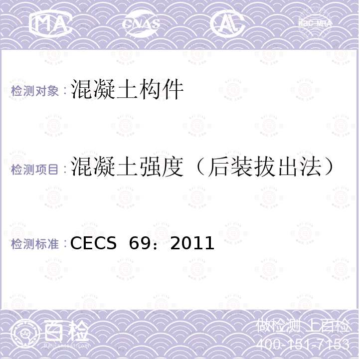 混凝土强度（后装拔出法） CECS 69:2011 《拔出法检测混凝土强度技术规程》CECS 69：2011