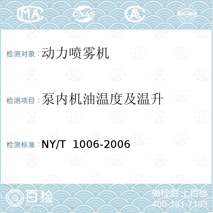 泵内机油温度及温升 NY/T 1006-2006 动力喷雾机质量评价技术规范