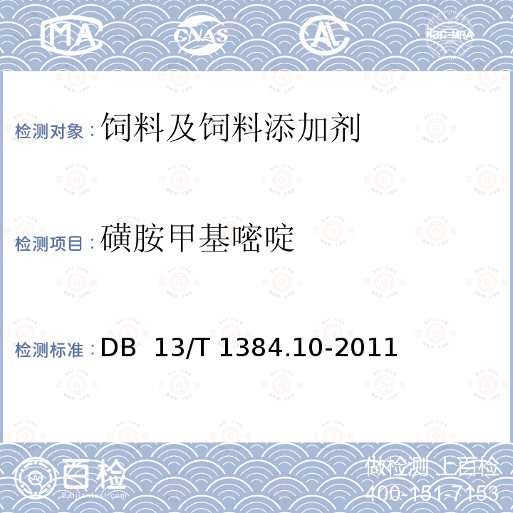 磺胺甲基嘧啶 DB13/T 1384.10-2011 饲料中20种磺胺类药物的测定