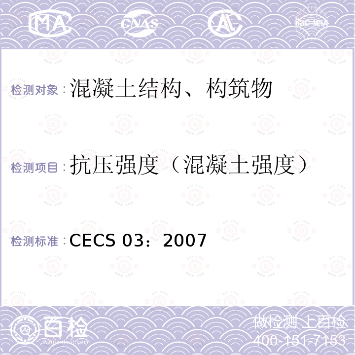 抗压强度（混凝土强度） CECS 03:2007 钻芯法检测混凝土强度技术规程 CECS03：2007