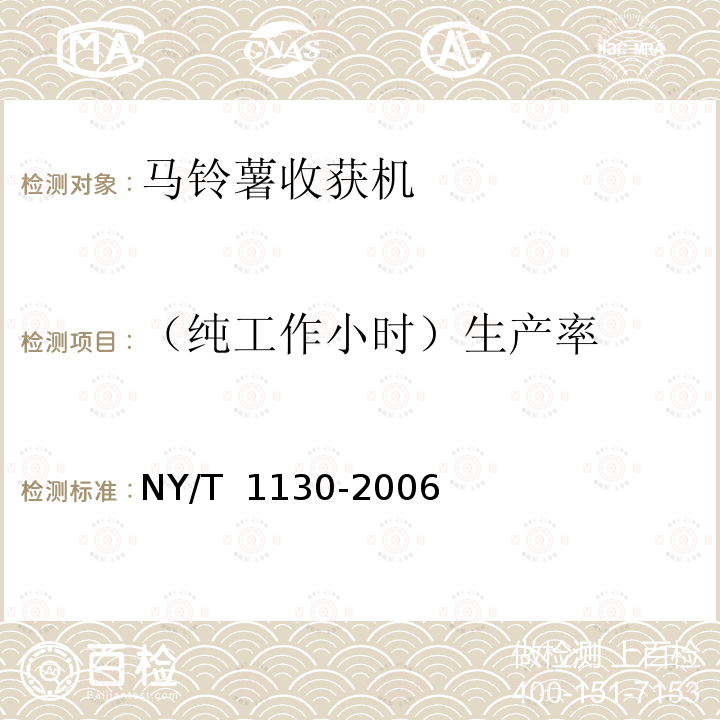 （纯工作小时）生产率 NY/T 1130-2006 马铃薯收获机械