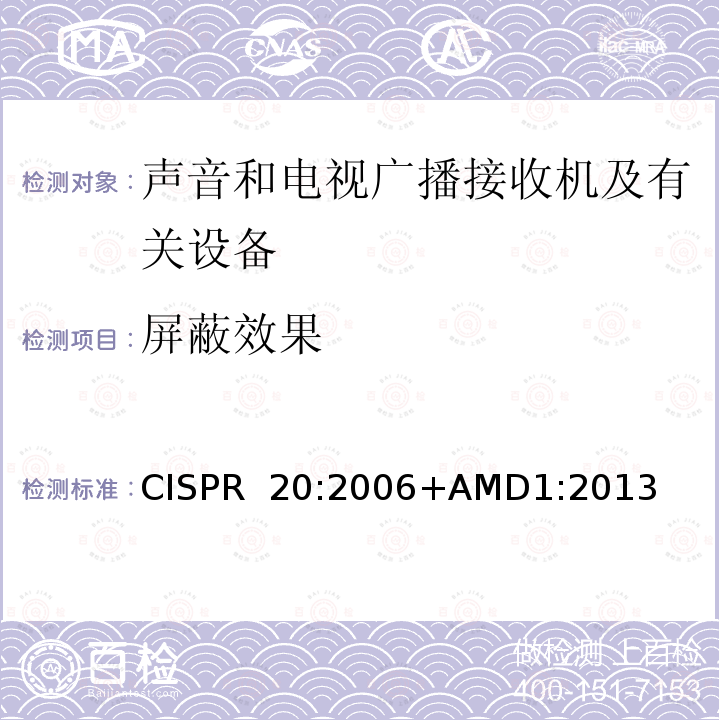 屏蔽效果 CISPR 20:2006 声音和电视广播接收机及有关设备抗扰度限值和测量方法+AMD1:2013