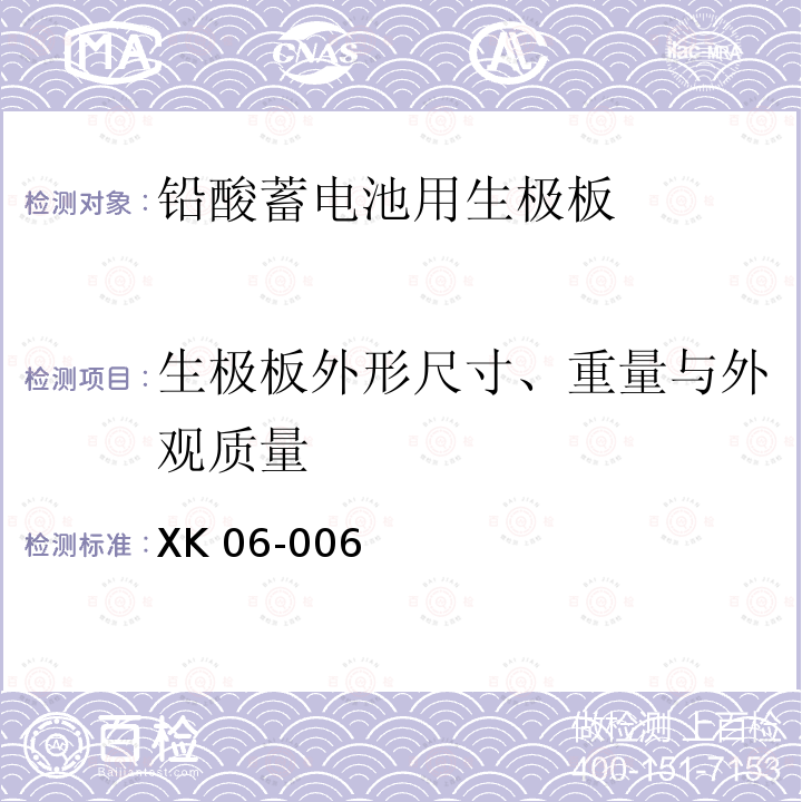 生极板外形尺寸、重量与外观质量 XK 06-006 XK06-006《铅酸蓄电池产品生产许可证实施细则》(2016版)国家质量监督检验检疫总局附件6《铅酸蓄电池用生极板检验技术规范》