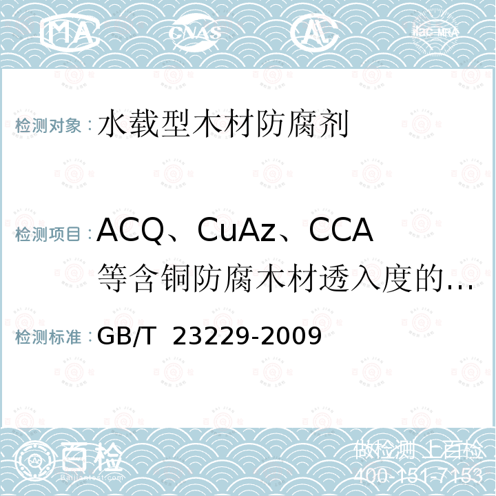 ACQ、CuAz、CCA等含铜防腐木材透入度的确定 水载型木材防腐剂分析方法GB/T 23229-2009