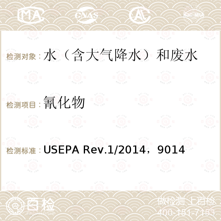 氰化物 EPA REV.1/2014 美国发布水质 的测定 吡啶-巴比妥酸光度法 USEPA Rev.1/2014，9014