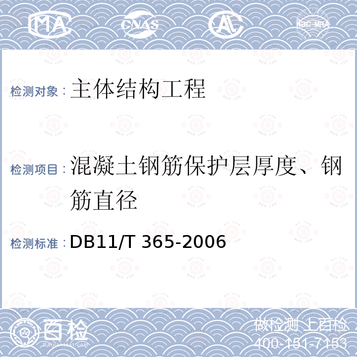 混凝土钢筋保护层厚度、钢筋直径 《电磁感应法检测钢筋保护层厚度和钢筋直径技术规程》 DB11/T 365-2006