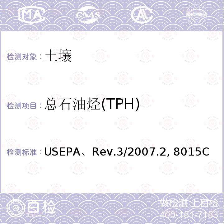 总石油烃(TPH) EPA、REV.3/2007 美国发布非卤代有机物的测定 气相色谱法 USEPA、Rev.3/2007.2, 8015C