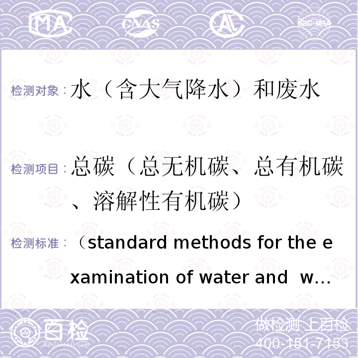 总碳（总无机碳、总有机碳、溶解性有机碳） （standard methods for the examination of water and  wastewater 23rd 2017） 美国公共卫生协会发布水和废水检测标准方法 23版 2017 