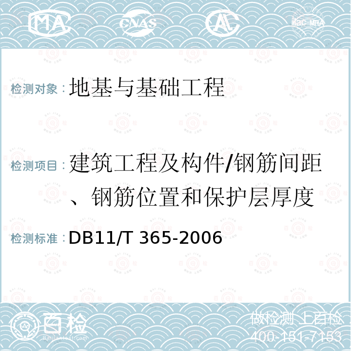 建筑工程及构件/钢筋间距、钢筋位置和保护层厚度 《电磁感应法检测钢筋保护层厚度和钢筋直径技术规程》 DB11/T 365-2006