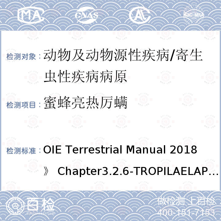 蜜蜂亮热厉螨 OIE Terrestrial Manual 2018》 Chapter3.2.6-TROPILAELAPS INFESTATION OF HONEY BEES  《《世界动物卫生组织陆生动物手册2018》第3.2.6章-
