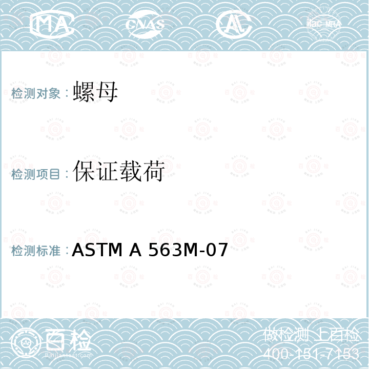 保证载荷 ASTM A563M-2007 碳素钢和合金钢螺母规格(米制)