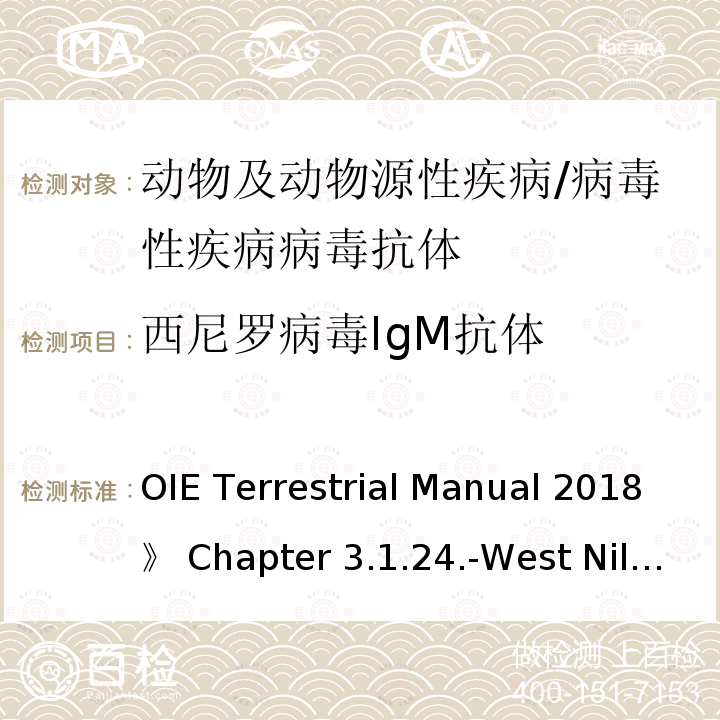 西尼罗病毒IgM抗体 OIE Terrestrial Manual 2018》 Chapter 3.1.24.-West Nile fever  《《世界动物卫生组织陆生动物手册2018》第3.1.24章-西尼罗热病