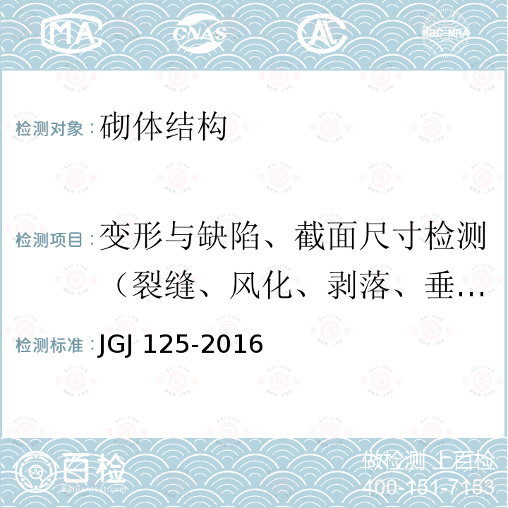 变形与缺陷、截面尺寸检测（裂缝、风化、剥落、垂直度） JGJ 125-2016 危险房屋鉴定标准(附条文说明)