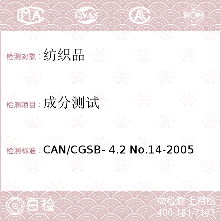 成分测试 纺织品测试方法  混合纤维的定量分析  CAN/CGSB-4.2 No.14-2005