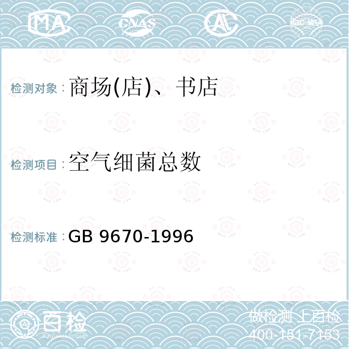 空气细菌总数 GB 9670-1996 商场(店)、书店卫生标准