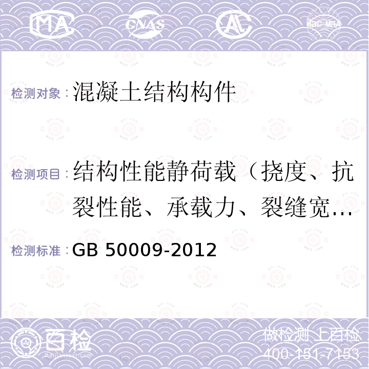 结构性能静荷载（挠度、抗裂性能、承载力、裂缝宽度） GB 50009-2012 建筑结构荷载规范(附条文说明)