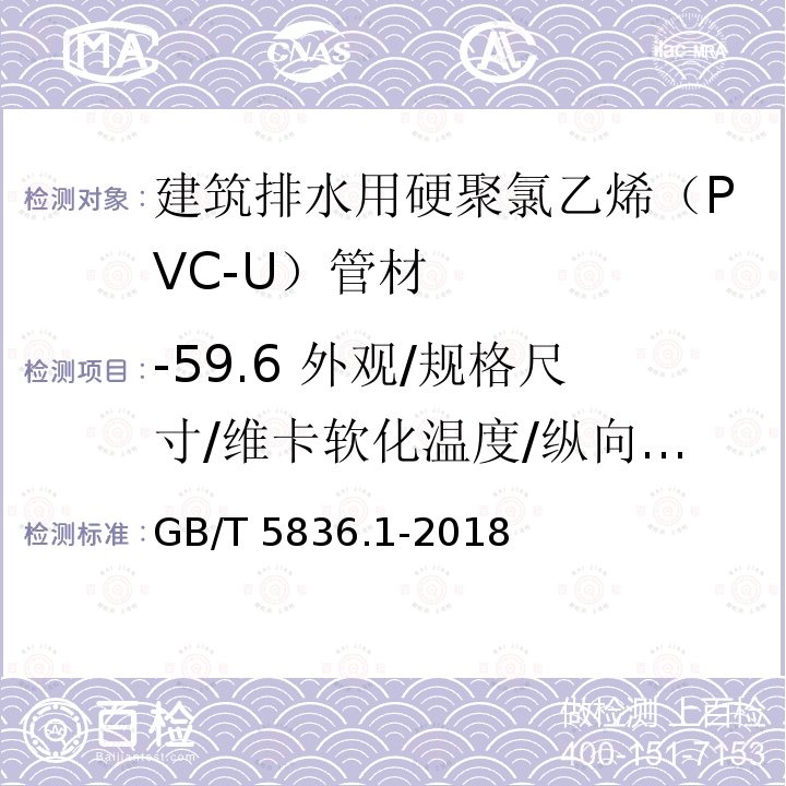 -59.6 外观/规格尺寸/维卡软化温度/纵向回缩率/落锤冲击试验/拉伸屈服强度 GB/T 5836.1-2018 建筑排水用硬聚氯乙烯(PVC-U)管材