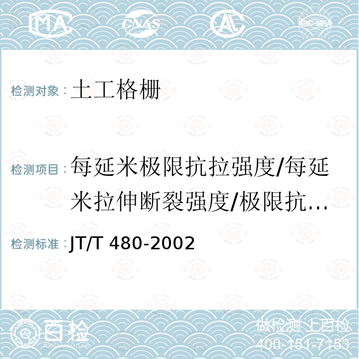 每延米极限抗拉强度/每延米拉伸断裂强度/极限抗拉强度/抗拉强度/标称抗拉强度/拉伸强度 JT/T 480-2002 交通工程土工合成材料 土工格栅