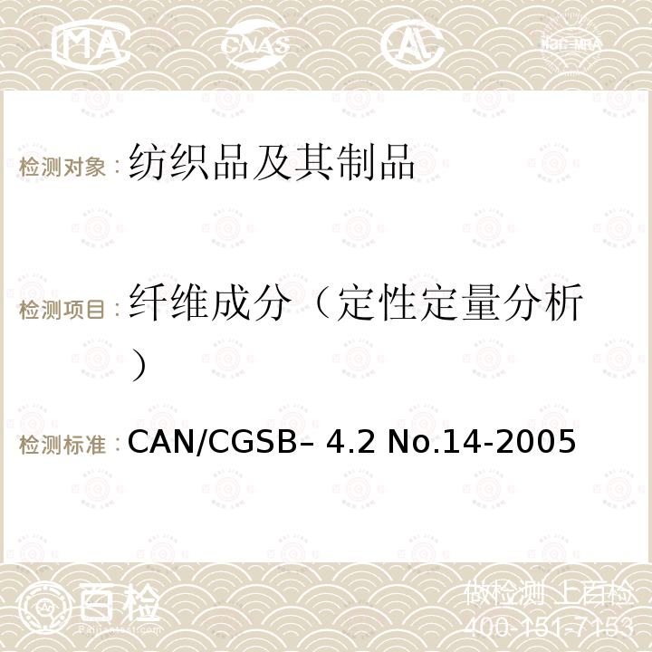 纤维成分（定
性定量分析） CAN/CGSB– 4.2 No.14-2005 纺织纤维混纺产品的定量分析方法 CAN/CGSB–4.2 No.14-2005