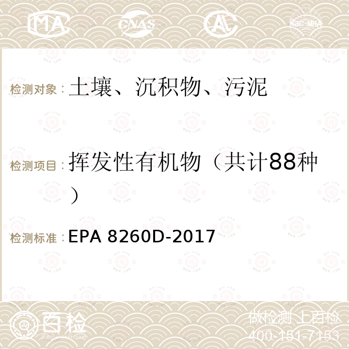 挥发性有机物（共计88种） EPA 5035-1996 吹扫捕集提取土壤中挥发性有机物 挥发性有机物的测定 气相色谱-质谱法 EPA 8260D-2017