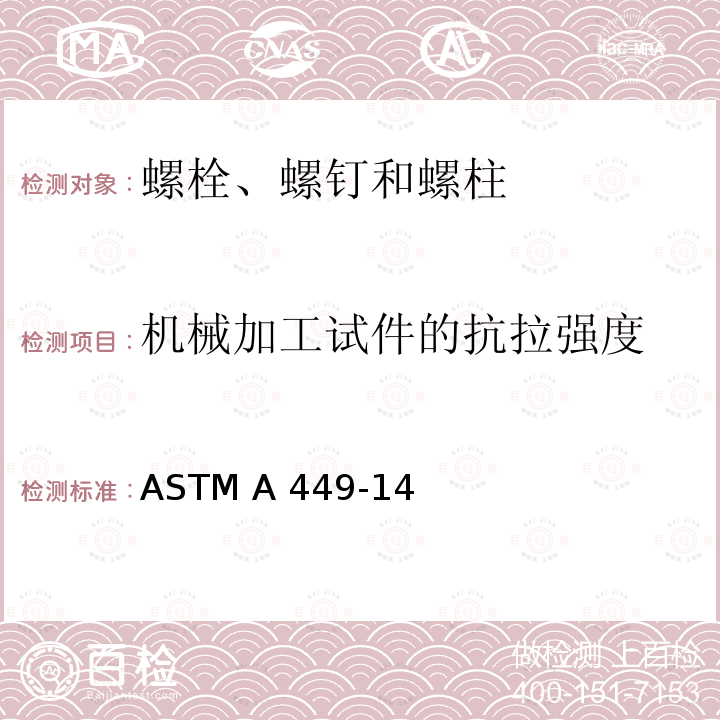 机械加工试件的抗拉强度 ASTM A449-2014(2020) 经热处理的最小抗拉强度为120/105/90 ksi的通用钢制六角帽螺钉、螺栓和柱头螺栓规格