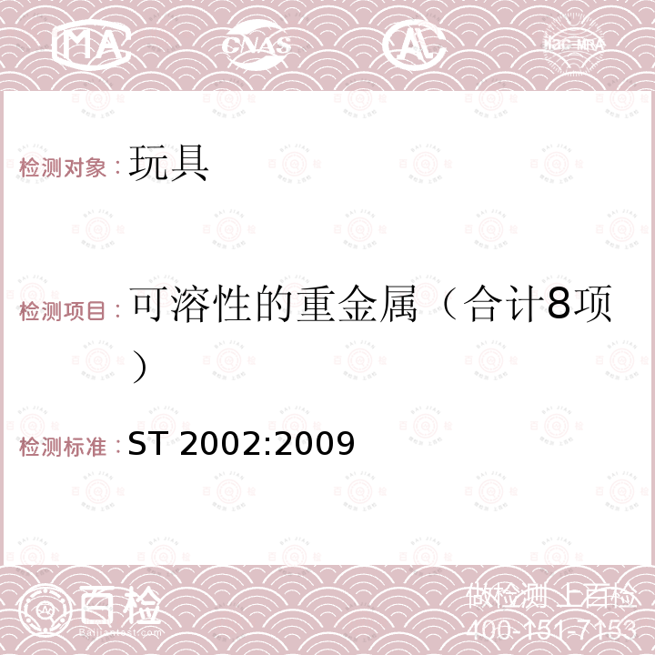 可溶性的重金属（合计8项） ST 2002:2009 玩具安全标准 