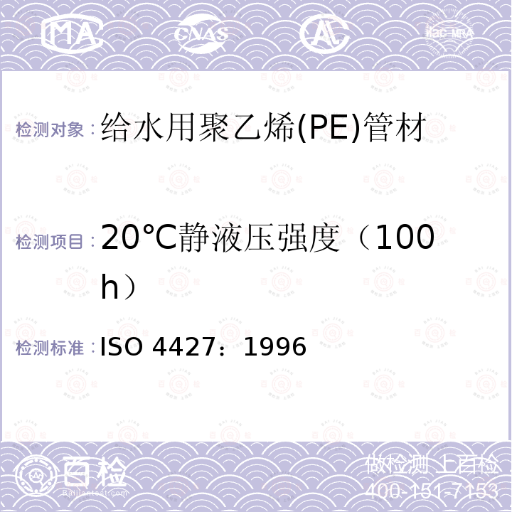 20℃静液压强度（100h） ISO 4427:1996 给水用聚乙烯(PE)管材 ISO 4427：1996