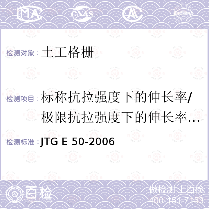 标称抗拉强度下的伸长率/极限抗拉强度下的伸长率/断裂伸长率/最大负荷下的伸长率 JTG E50-2006 公路工程土工合成材料试验规程(附勘误单)